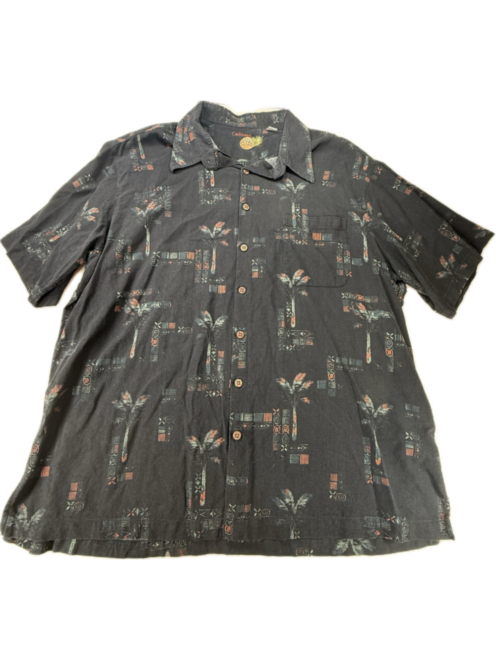 Caribbean Men’s 3X Hawaiian Shirt Black Tropical Palm Tree Button Up Short Sleev